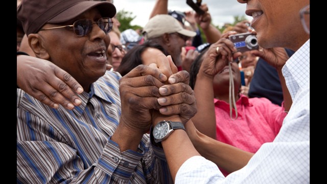 President Obama works the crowd after his Labor Day address in Detroit.