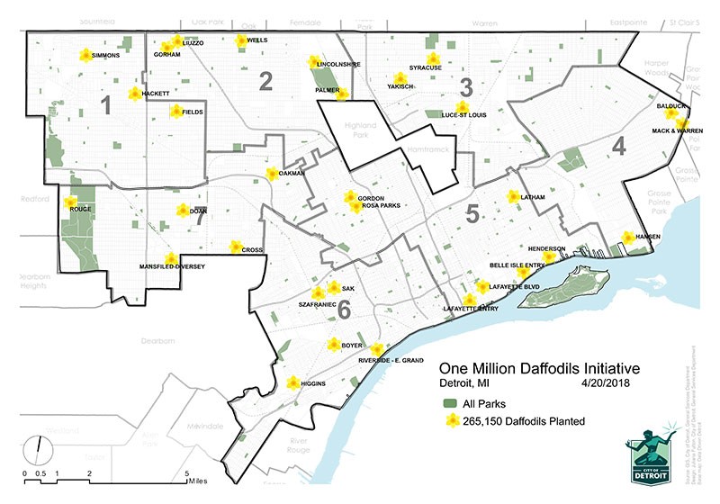 A map displaying all of the places daffodil bulbs have been planted in Detroit - COURTESY OF THE CITY OF DETROIT