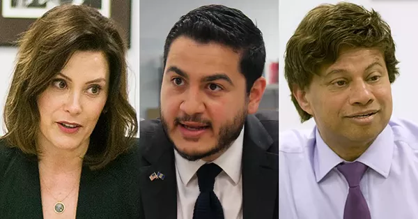 From left: Gretchen Whitmer, Abdul El-Sayed, and Shri Thanedar. - MT FILE PHOTOS