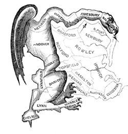 This 1812 political cartoon comparing a - Massachusetts district redrawn by Gov. Elbridge Gerry to a dragon-like monster is the - source of the term “gerrymander.“ - BOSTON CENTINEL
