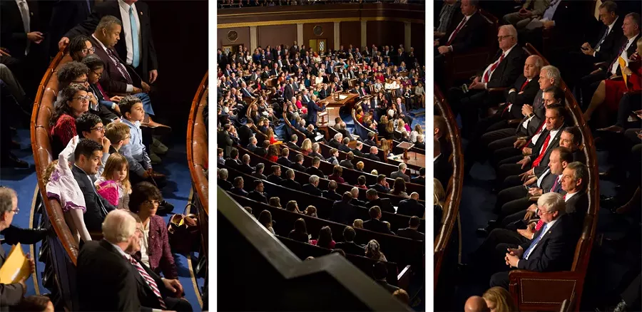 Tlaib and family sit on the House floor with fellow Democrats and their families as the 116th Congress convenes. - The Republican congressional representatives sit on the House floor across the room from their Democratic colleagues. The sea of white men in dark suits is in stark contrast to the color and diversity on the Democrats’ side. - ERIK PAUL HOWARD