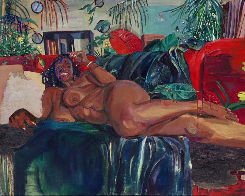 Red Lipstick Red Couch. - Gisela McDaniel, oil on canvas with found objects, 42 x 53 x 5 inches,  2019. - COURTESY OF GISELA MCDANIEL