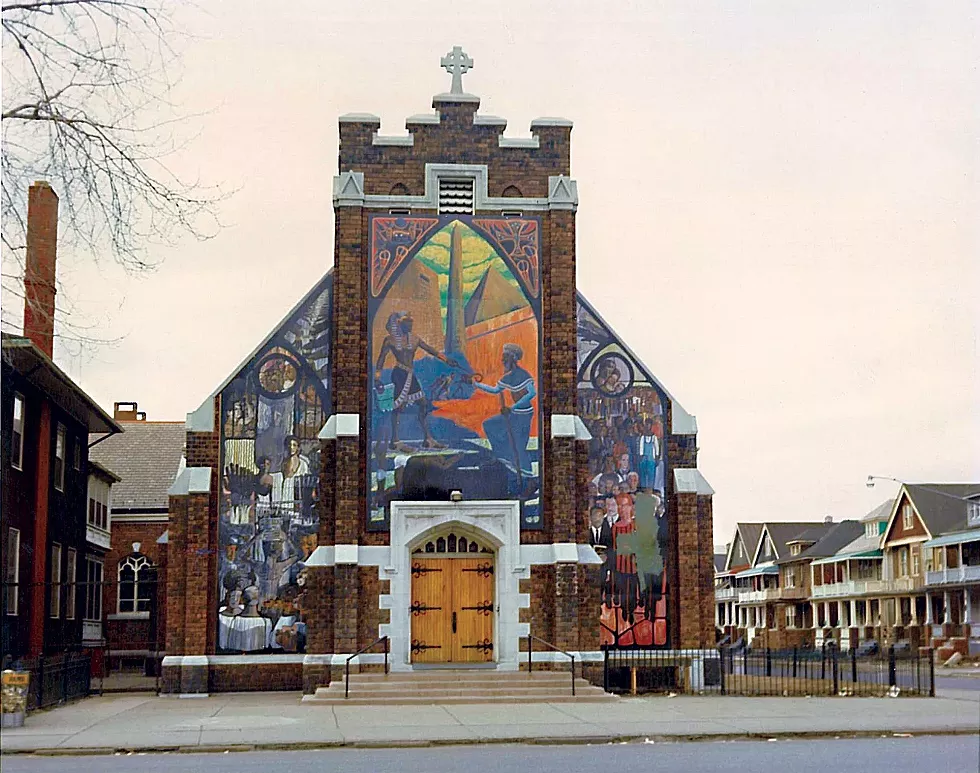 Harriet Tubman Memorial Wall (Let My People Go)", St. Bernard’s Catholic Church, Mack Avenue and Lillibridge Street, Bill Walker, Eugene Eda, others. (As it looked circa 1973.) - COURTESY OF THE CHICAGO PUBLIC ART GROUP