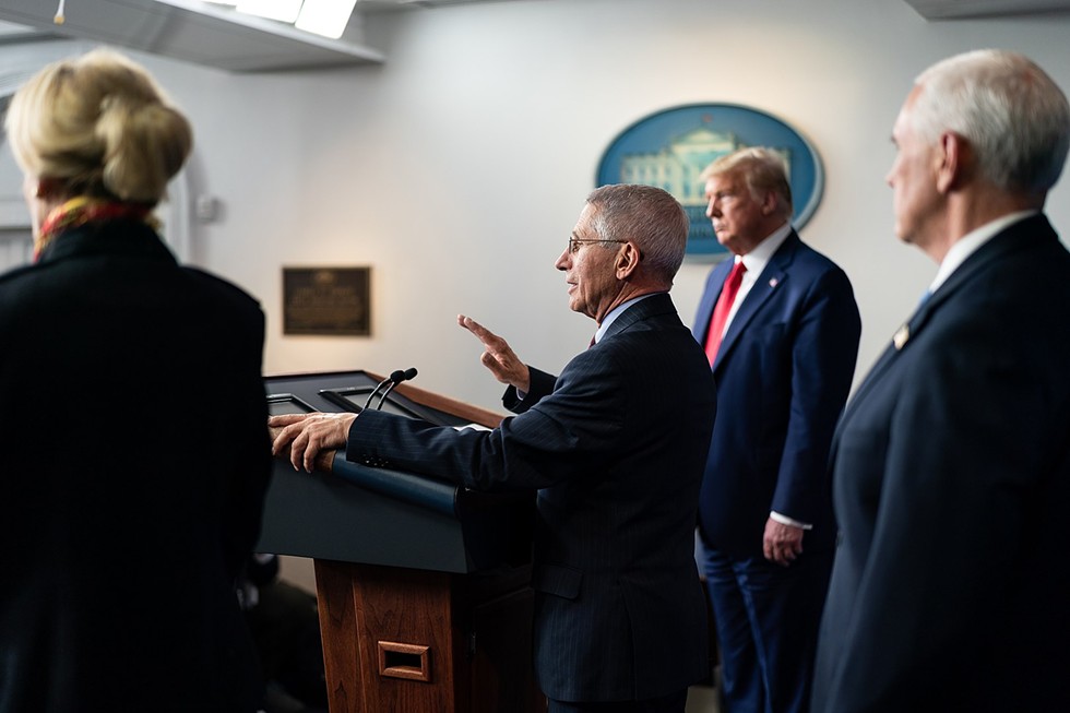 Dr. Anthony Fauci, President Donald J. Trump, and Vice President Mike Pence at a coronavirus update briefing in March. - OFFICIAL WHITE HOUSE PHOTO BY ANDREA HANKS