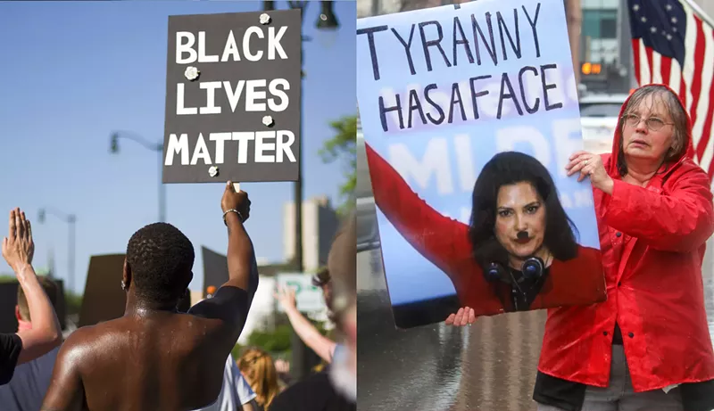 Left: A young man at a Black Lives Matter protest in Detroit. Right: An elderly woman at an anti-Whitmer rally in Lansing. - STEVE NEAVLING/RUSTY YOUNG