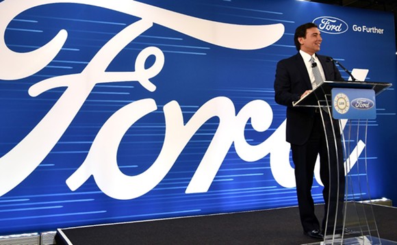 Ford Motor Company CEO Mark Fields announcing a $700 million investment to expand its Flat Rock plant. - COURTESY PHOTO