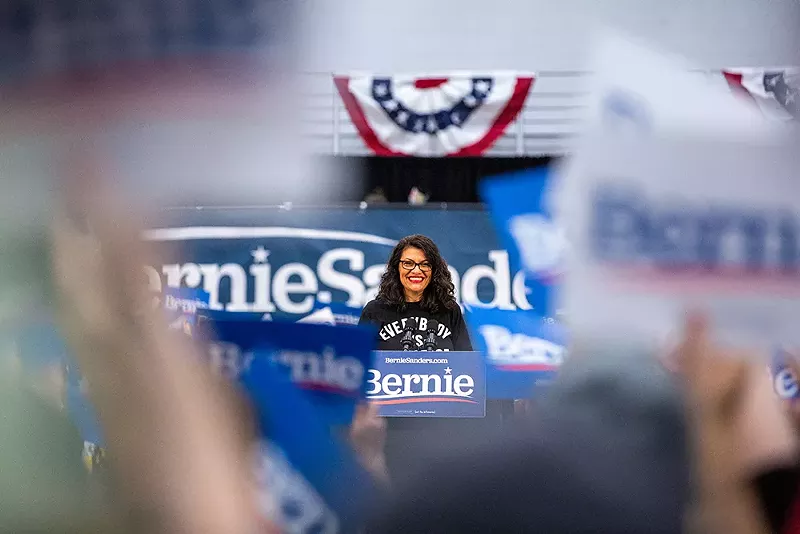 Rashida Tlaib at a rally for Sen. Bernie Sanders at Detroit's Cass Tech High School. - ERIK PAUL HOWARD