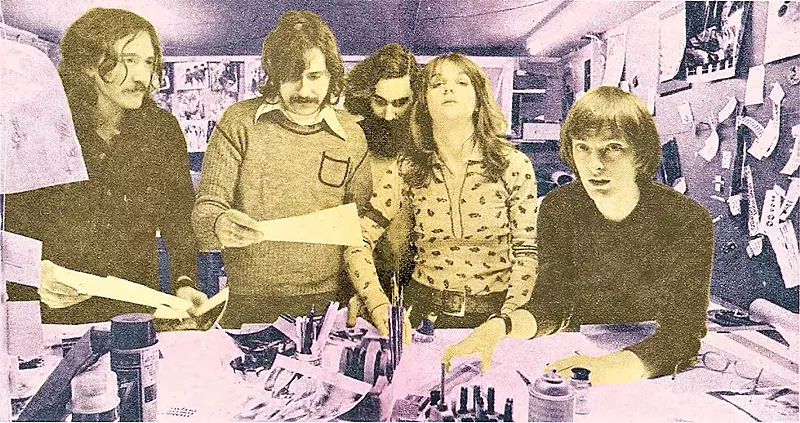 Photo by Richard Lee (from left): Charlie Auringer, Lester Bangs, Ric Siegel, Jaan Uhelszki, and Dave Marsh.