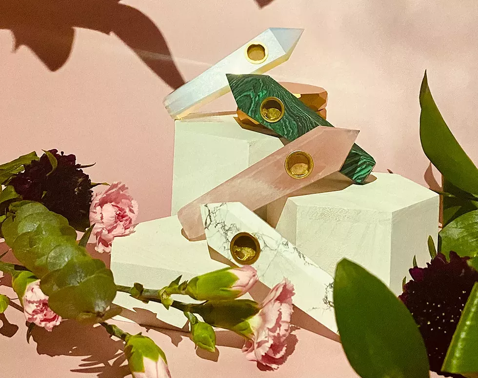 Cannabis brand Verdeux's recently launched spring collection features a splash of bright colors, including rainbow cones, ombre pink pipes, and rose gold accessories. - VERDEUX