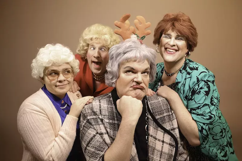 (clockwise from left) Rose (Brandy Joe Plambeck), Dorothy (Joe Bailey), Blanche (Richard Payton), and Sophia (Al Duffy) in A Very Golden Girls Christmas, vol 2: An Unauthorized Paroy playing from Nov 26-Dec 20, 2021 at The Ringwald Theatre’s new home inside of Affirmations. - PHOTO BY JORDAN GAGNON
