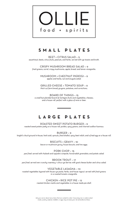 Ollie's dinner menu. Not pictured: Ollie's lunch, brunch, and bar menus. - COURTESY PHOTO