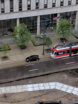 An illegally parked car delays the QLine during testing. - COURTESY SCOTT (TOADEN) MAIALE