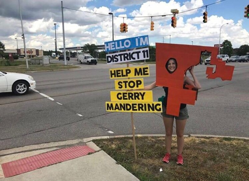 A Voters Not Politicians volunteer dressed up as a gerrymandered district. - COURTESY VOTERS NOT POLITICIANS FACEBOOK
