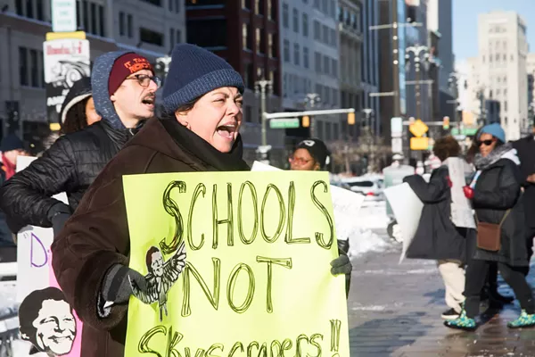 Protestors outside the Hudson site groundbreaking. - JORDAN BUZZY