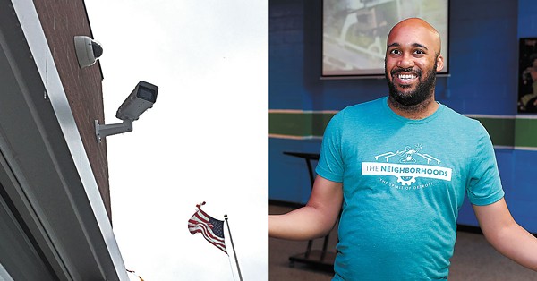 Left: Project Green Light camera at a McDonald’s on Eight Mile in Detroit. Right: Detroit’s “chief storyteller,” Aaron Foley, smiles for the camera at the launch event for “The Neighborhoods” website. - VIOLET IKONOMOVA/KWABENA SHABU