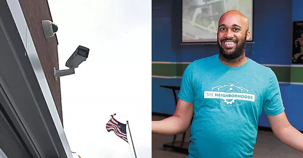 Left: Project Green Light camera at a McDonald&rsquo;s on Eight Mile in Detroit. Right: Detroit&rsquo;s &ldquo;chief storyteller,&rdquo; Aaron Foley, smiles for the camera at the launch event for &ldquo;The Neighborhoods&rdquo; website. - VIOLET IKONOMOVA/KWABENA SHABU