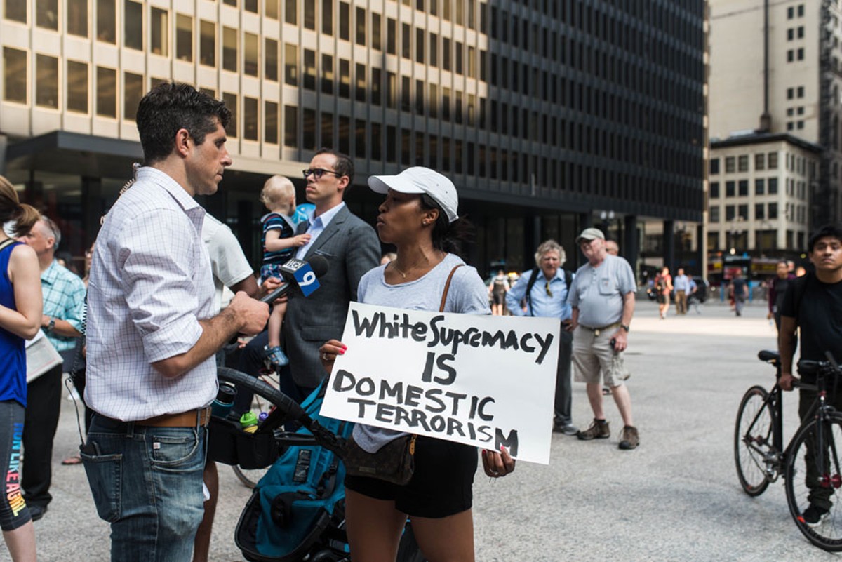 A protester against white supremacy in Chicago after the Charlottesville riot.