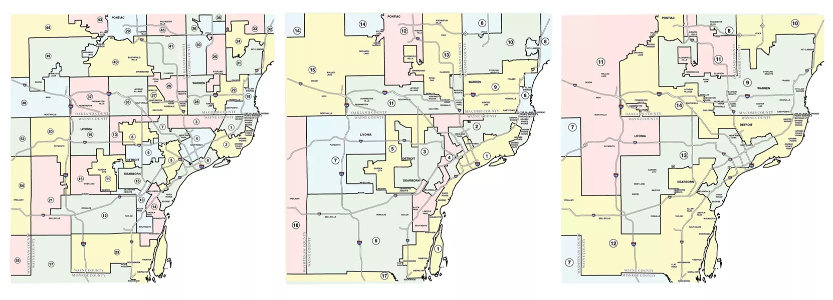 Gerrymandering at work — from left: Metro Detroit's State House Districts, State Senate Districts, and United States Congressional Districts. - SOURCE: MICHIGAN.GOV