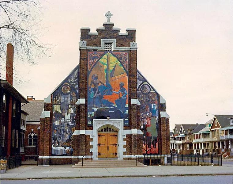 Harriet Tubman Memorial Wall (Let My People Go)", St. Bernard’s Catholic Church, Mack Avenue and Lillibridge Street, Bill Walker, Eugene Eda, others. (As it looked circa 1973.) - COURTESY OF THE CHICAGO PUBLIC ART GROUP