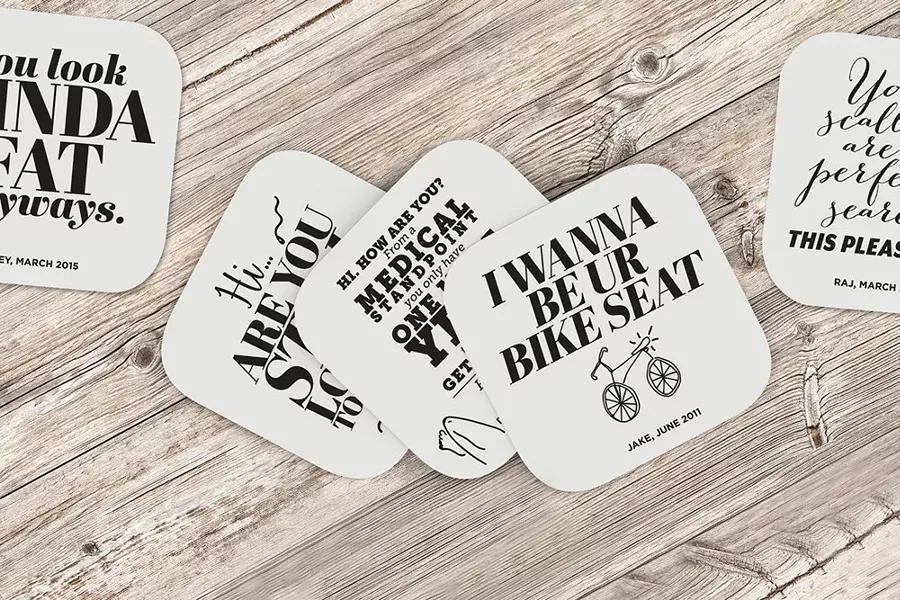 Sarey Ruden takes the weird messages she receives on online dating and turns them into coasters, left, and posters, above. - COURTESY PHOTOS.