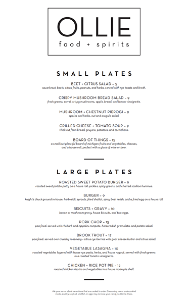 Ollie's dinner menu. Not pictured: Ollie's lunch, brunch, and bar menus. - COURTESY PHOTO