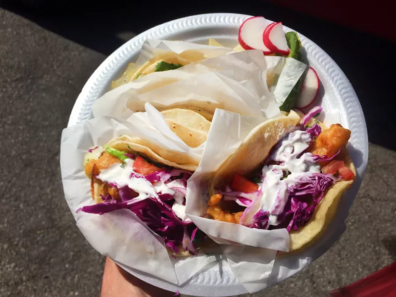 Fish and shrimp tacos from Tacos El Rodeo. - PHOTO BY TOM PERKINS