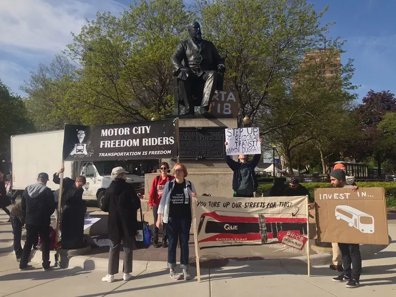 The Motor City Freedom Riders hold a rally for a new Regional Transit Authority millage at the QLine launch. - LEE DEVITO