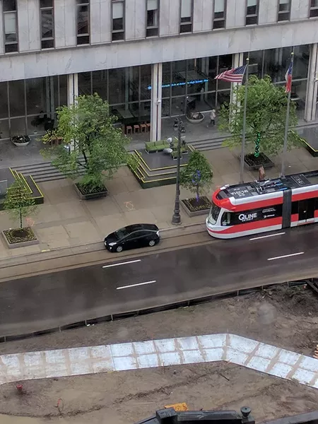 An illegally parked car delays the QLine during testing. - COURTESY SCOTT (TOADEN) MAIALE