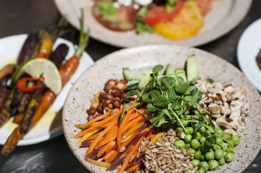 Crunch Crunch salad and charred carrots. - TOM PERKINS