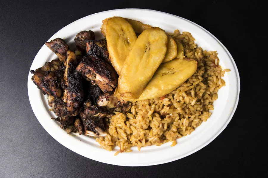 Jerk chicken and plantains from Yum Village. - MIKE DAVIS