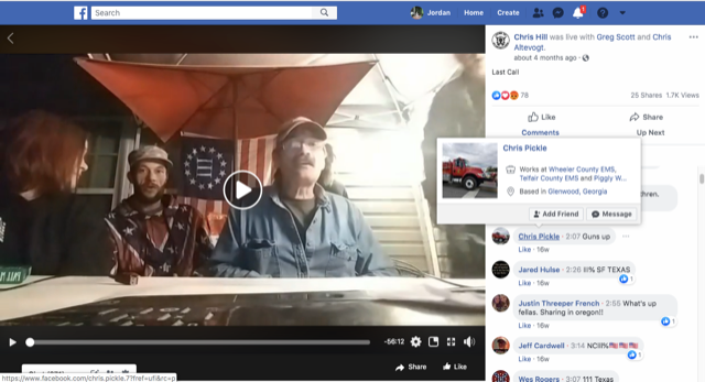 Chris Pickle, an EMT in central Georgia, comments on a Facebook Live video hosted by Chris Hill (not pictured) and other militia leaders in March. - SCREENSHOT FROM THE ROLL CALL FACEBOOK PAGE