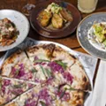 Clockwise, from left: mafalde, Jerusalum artichokes, romanesco, and agro dolce pizza. Clockwise, from left: mafalde, Jerusalum artichokes, romanesco, and agro dolce pizza.