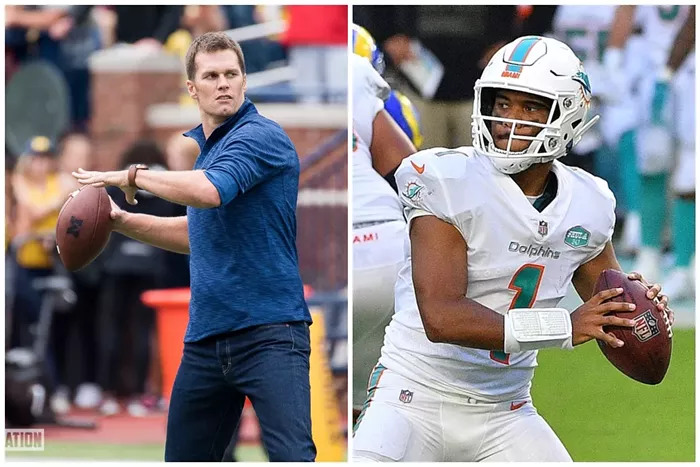 Tom Brady or Tua Tagovailoa? - PHOTOS BY MAIZE & BLUE NATION/WIKIMEDIA COMMONS AND MARK BROWN/GETTY