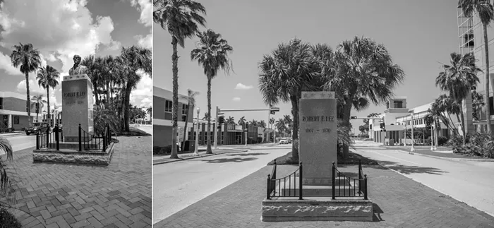 A bust of Robert E. Lee was erected in Fort Myers in the mid-1960s after multiple fundraising drives by the now-defunct Laetitia Ashmore Nutt Chapter of the United Daughters of the Confederacy. In June 2020, at the request of the Sons of Confederate Veterans, the bust was removed from its plinth. The Fort Myers City Council voted to take down the pedestal, but that removal is estimated to cost between $50,000 and $60,000, so for now it remains. - PHOTOS BY SUNFLOWERMOMMA/SHUTTERSTOCK (LEFT) AND MELISSA LYTTLE (RIGHT)