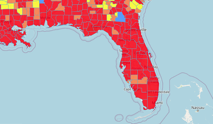 In Miami-Dade, COVID-19 cases have more than tripled since mid-June, rising from 2,231 cases the week of June 18-24 to 7,062 the week of July 9-15. - SCREENSHOT VIA CENTERS FOR DISEASE CONTROL AND PREVENTION