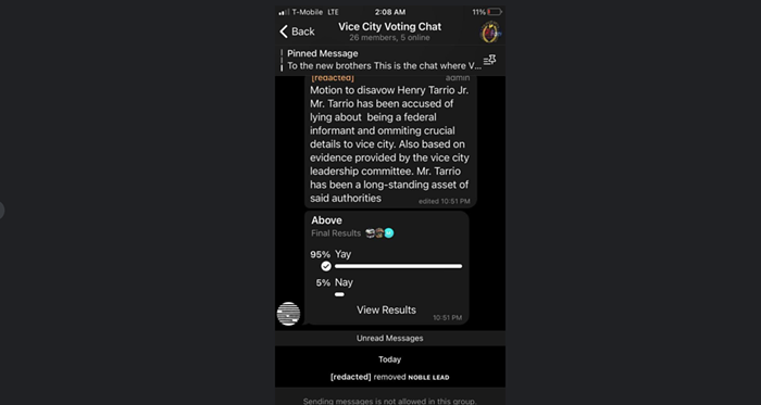 A screenshot leaked from a private Proud Boys chat shows some members voted to disavow Chairman Enrique Tarrio from the Miami chapter. - SCREENSHOT FROM MURDER THE MEDIA TELEGRAM