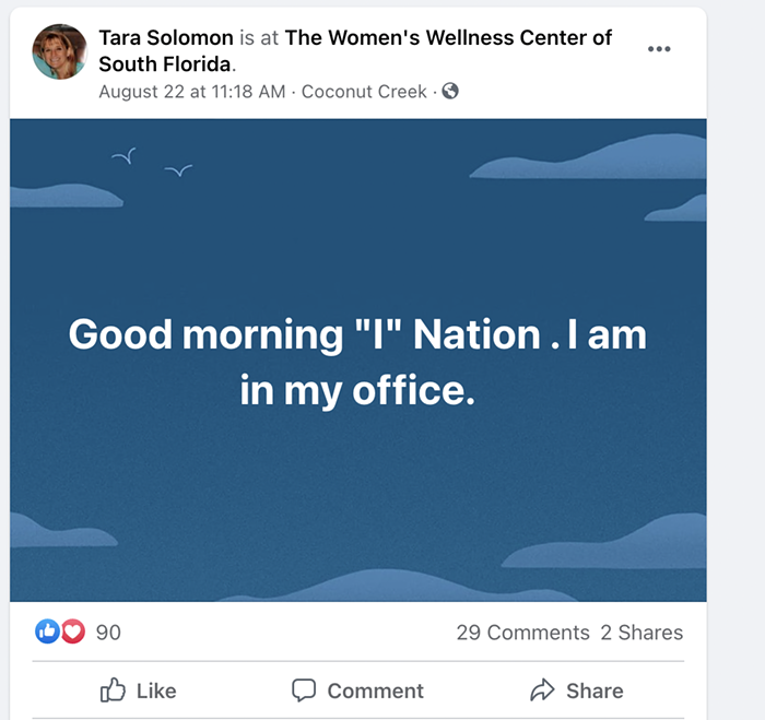 On Facebook, Solomon regularly posts about the "benefits" of the drug and alleged success stories from her patients. - SCREENSHOT VIA FACEBOOK