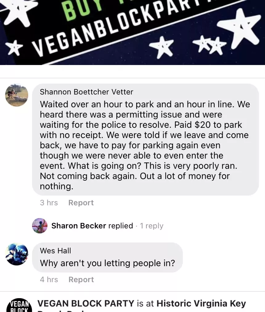 People complaining about Vegan Block Party on Facebook. - SCREENSHOT OF FACEBOOK VEGAN BLOCK PARTY PAGE