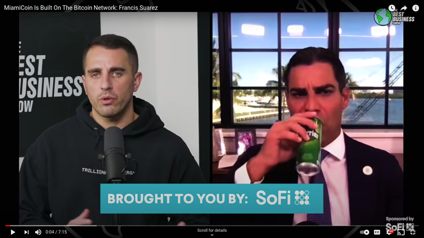 While his handpicked police chief was being raked over the coals, Miami Mayor Francis Suarez sipped from a tall can of Perrier and talked bitcoin on a YouTube livestream. - SCREENSHOT VIA YOUTUBE