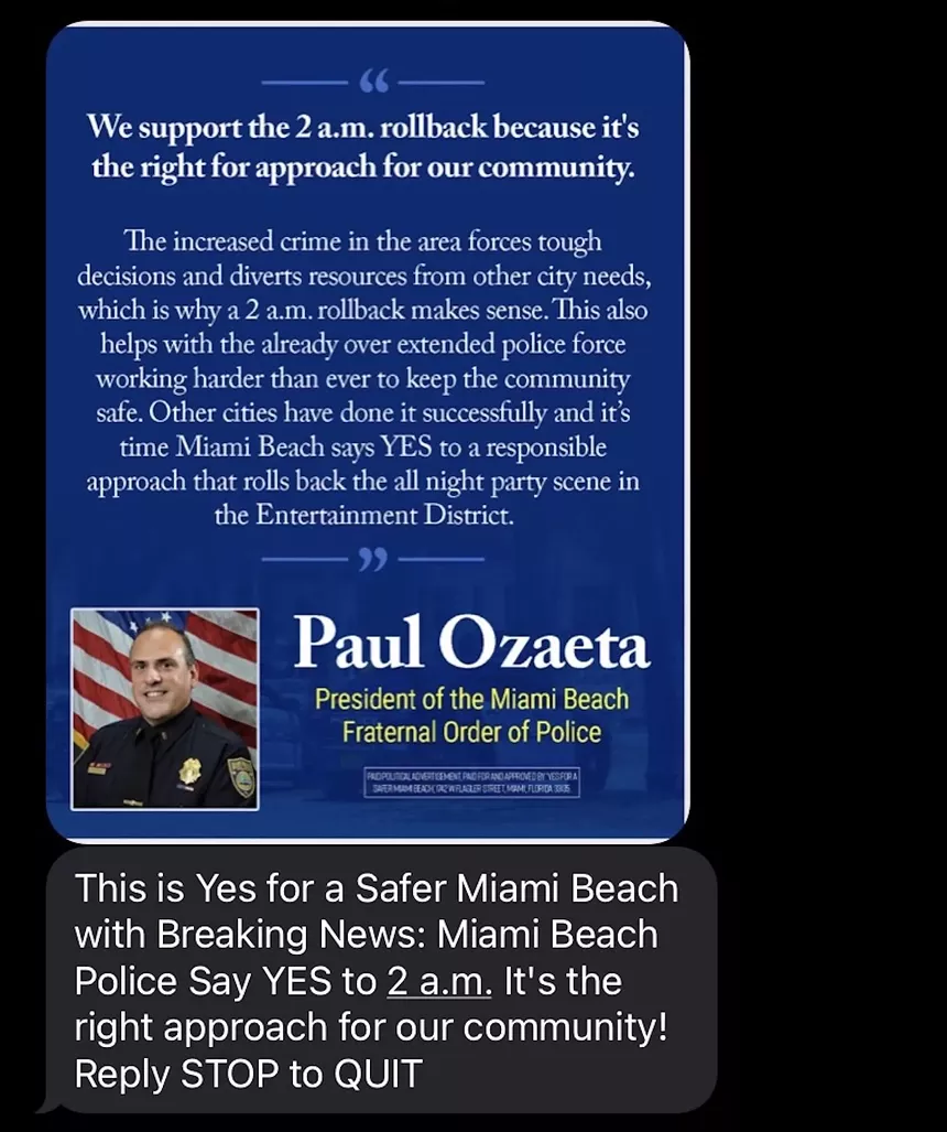 In a recent digital mailer sent out by Yes for a Safer Miami Beach, Miami Beach police union president Paul Ozaeta was quoted as supporting the referendum. - COURTESY OF A MIAMI BEACH RESIDENT