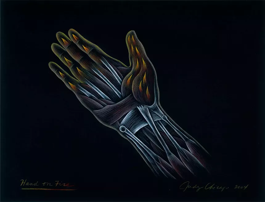 Hand on Fire (2004), Prismacolor on black arches, by Judy Chicago - PHOTO COURTESY OF NINA JOHNSON GALLERY