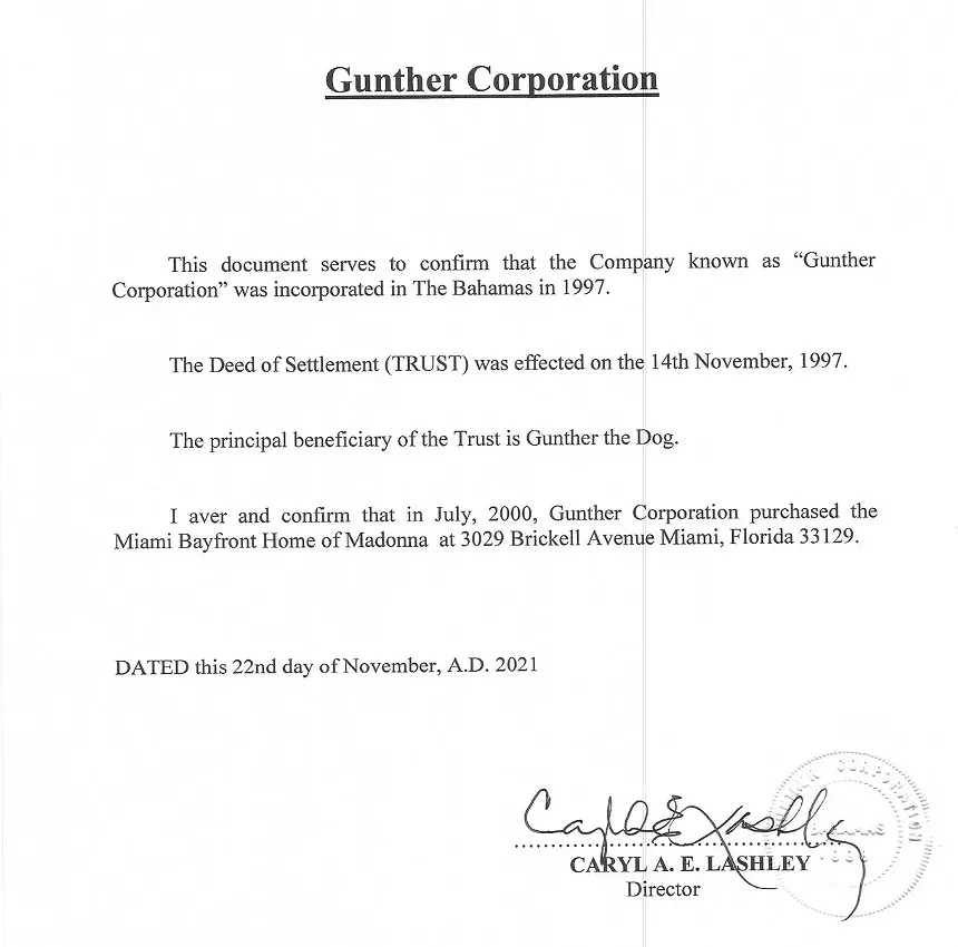 A document purports to show that Gunther the Dog is the "principal beneficiary" of the Gunther Corporation trust. - COURTESY OF GABY HARRIS