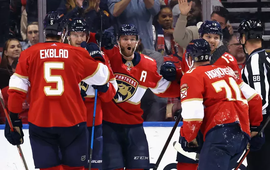 The Florida Panthers celebrate a goal against the Washington Capitals on November 4 at the FLA Live Arena in Sunrise, Florida. - PHOTO BY BRUCE BENNETT / GETTY IMAGES