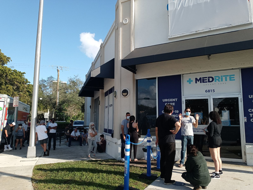 The walk-up COVID-19 testing line at MedRite Urgent Care testing site on Miami's Upper Eastside on Monday, December 20 - PHOTO BY JOSHUA CEBALLOS