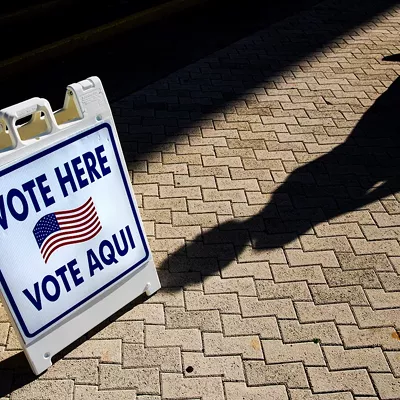 A Vote Here sign outside a Miami Beach polling location.