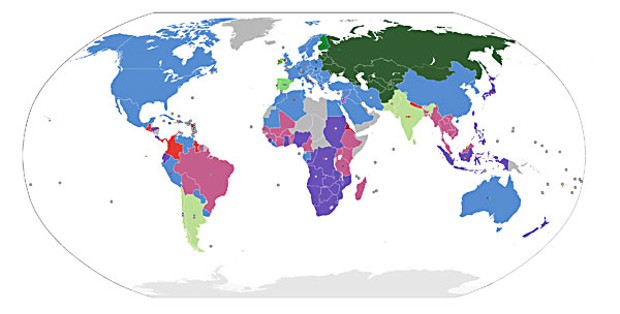 60 percent of the world's railways use Stephenson's 4 ft. 8 1/2 in. gauge (blue). Major exceptions are the former USSR (4 ft. 11 7/8 in., dark green); southern Africa's 3 ft. 6 in. "Cape" gauge (purple) and meter gauge (pink). (GNU license)