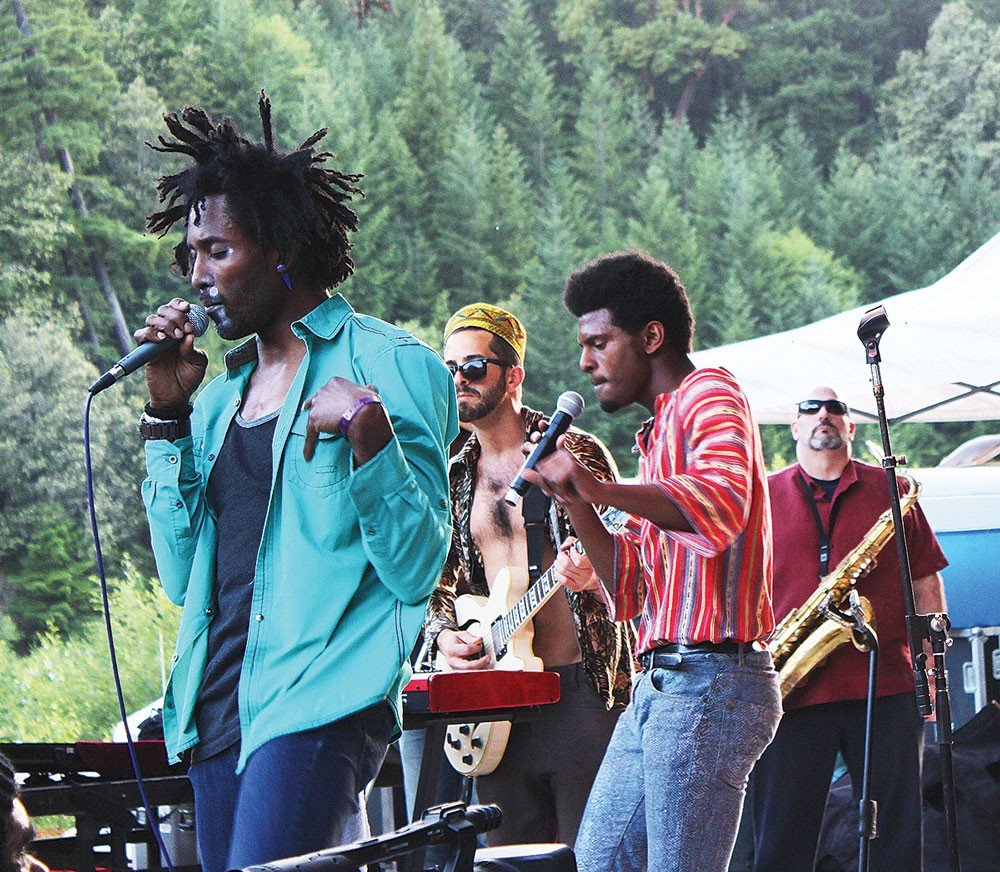 Afrolicious lays down some fine Afro-funk at the Mateel Community Center's 38th annual Summer Arts and Music Festival at Benbow Lake State Recreation Area on Sunday, June 1. - PHOTO BY BOB DORAN