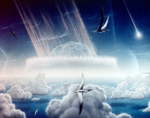 Artist Don Davis' impression of catastrophic impact (complete with pterodactyls) thought to have caused the extinction of the dinosaurs 65 million years ago. - COURTESY OF NASA