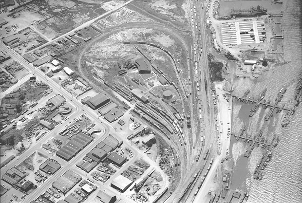 Could the former rail yard and would-be Marina Center Balloon Track become a designated homeless encampment? - MERLE SHUSTER, COURTESY OF HUMBOLDT UNIVERSITY, SHUSTER AERIAL PHOTOGRAPH COLLECTIONL