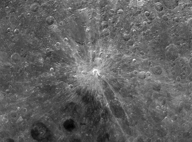 Crater Giordano Bruno lies at the center of pristine rays of ejecta up to 100 miles long. - COURTESY OF NASA